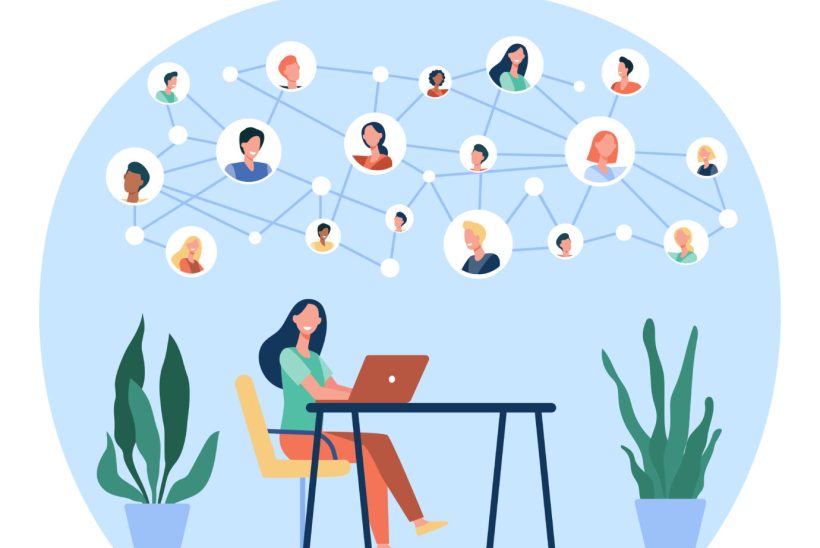 Happy woman chatting with friends online. Laptop, social media, desk flat vector illustration. Network and communication concept for banner, website design or landing web page